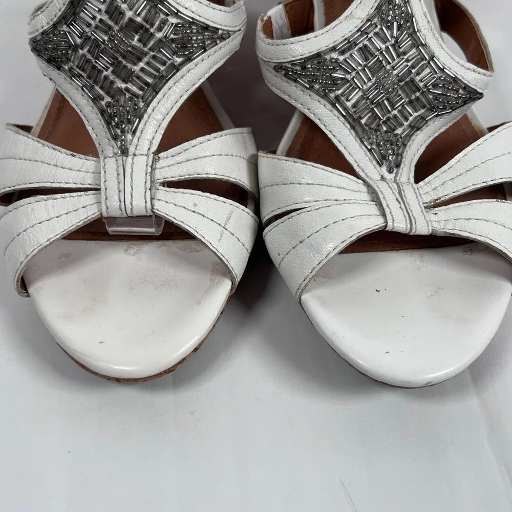 Clarks Bendables White Leather Sandals Wedge Cork‎ Heel Open Toe Womens 9